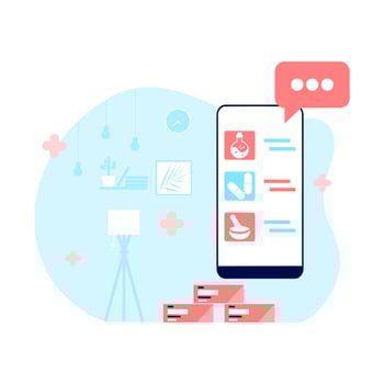 Online pharmacy app concept of healthcare, drugstore and e-commerce. Vector of prescription drugs, first aid kit and medical supplies being sold online via web or smartphone application technology.