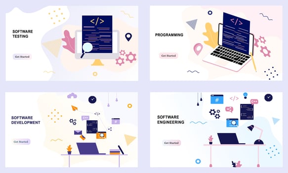 Landing pages of software development coding process concept. Designer, programming, testing cross platform code, app. Create, editing script website and mobile device. Technology software of business vector