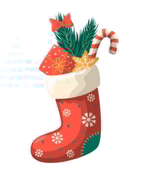 Red Christmas socks with snowflakes, gift boxes, tree, bow, candies, vector image, illustration