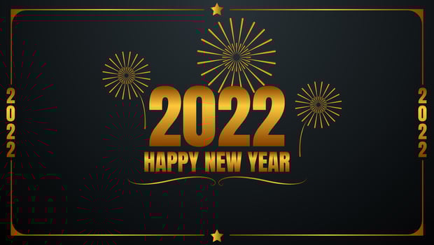 2022 Happy New Year greeting card in gold and black color vector