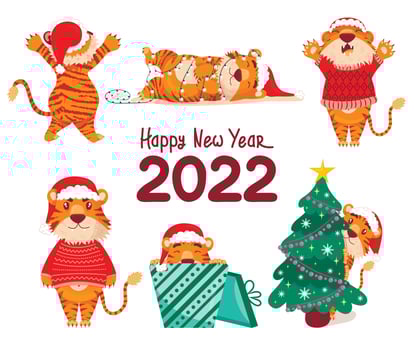 Cute tiger. Colored chinese tigers, symbol of 2022 new year, vector flat cartoon set. Animal 2022, Asian Predator, Jungle Beast. santa hat, christmas tree, a garland, sleeps, rejoices, happy new year