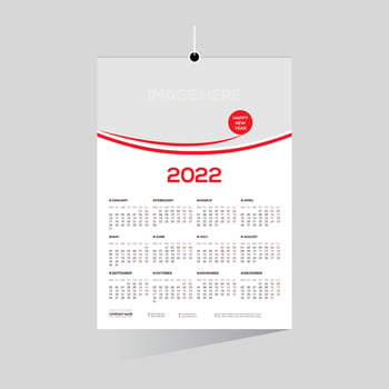 red colored 12 month 2022 wall calendar vector