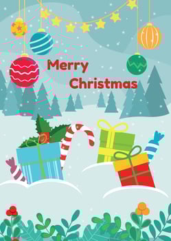 Christmas gifts and sweets in the forest drifts. Vector illustration.