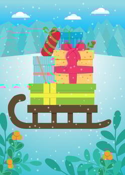 Lots of Christmas gifts on a wooden sleigh in the woods. Vector illustration.