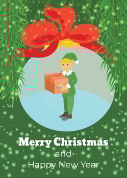 Christmas card with an elf in a glass Christmas ball with a red bow. Vector illustration.