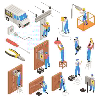 Electrician Isometric Icons Set vector