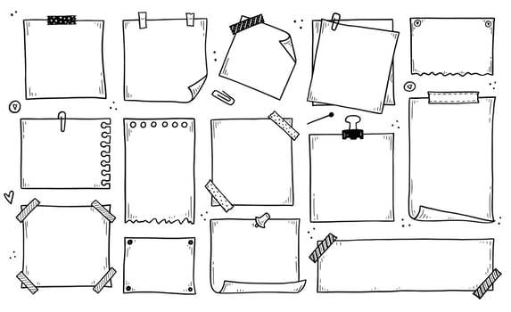Hand drawn set of paper memo sticky. Doodle vector