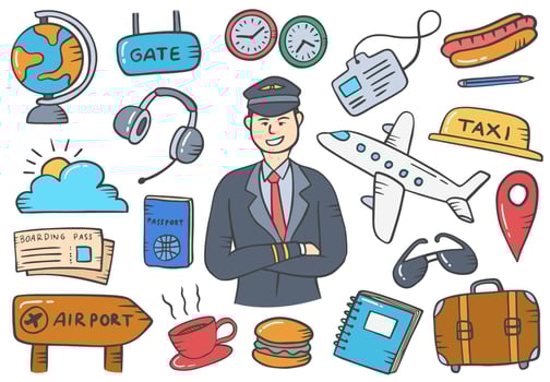 pilot job or jobs profession carreer doodle hand drawn set collections with flat outline style vector