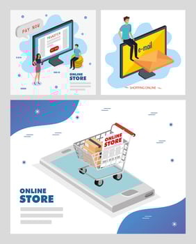set poster online store with icons vector