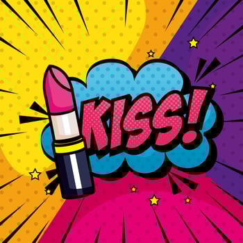 lipstick and cloud with kiss lettering pop art style vector