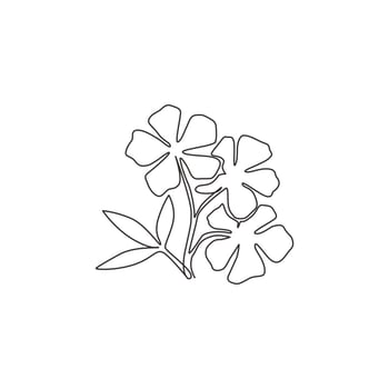 One continuous line drawing beauty fresh catharanthus for home wall decor art poster print Decorative periwinkle flower concept for wedding invitation card. Single line draw design vector illustration