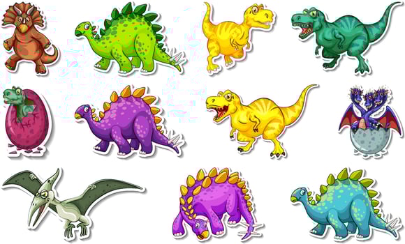 Sticker set with different types of dinosaurs cartoon characters vector