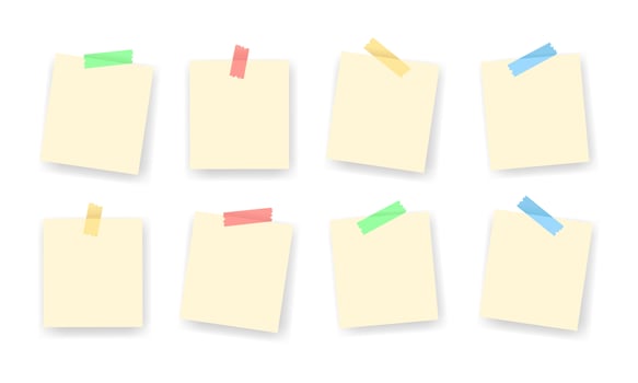 Blank paper notes taped on the white background. Empty space notepad mockup with colorful adhesive tape. Suitable for design element of memo paper mockup vector illustration.