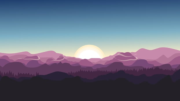 sunrise in mountains, nature landscape background, the sun shines behind the mountains with the cool morning air under the dawn sky. Morning view Cartoon vector illustration