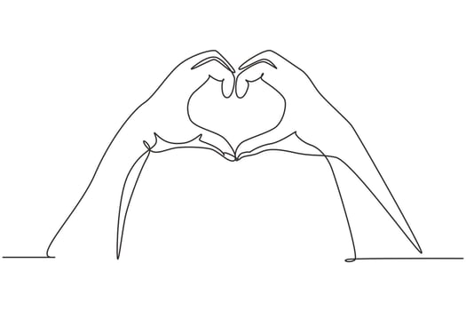 Single one line drawing hands making sign or symbol heart by fingers. Beautiful hands with copy space. Love concept with hand gestures. Modern continuous line draw design graphic vector illustration