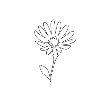 One continuous line drawing beauty fresh perennial flowering plant for home decor wall art poster. Printable decorative aster flower for park icon. Modern single line draw design vector illustration