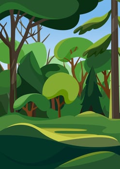 Dense forest in summer season. Natural scenery in vertical orientation. vector