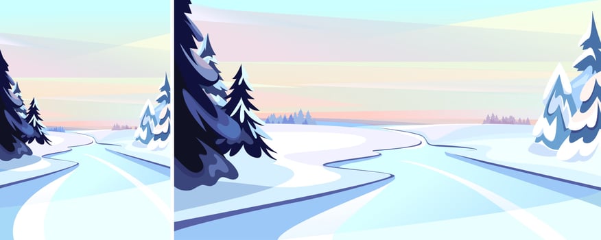Frozen river at dawn. Winter scenery in different formats. vector