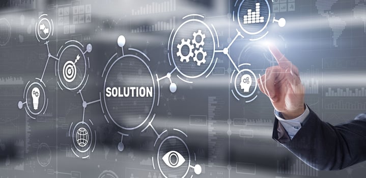 Solution. Businessman pressing on touch screen interface inscription Solutions. Business concept. Internet concept photo