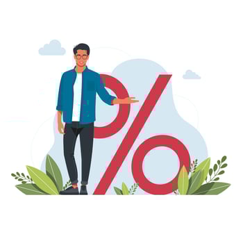 Bank credit concept. Percent, good interest rate, interest-free. Finance management. Vector. Tiny Male Character Hold Huge Percent Sign.Discount Promotion, Savings Sales Offer. Bank Loan Calculation vector