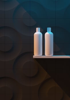 Cosmetic brand template. Raster packaging. Oil, lotion, shampoo. Bottle mock up set. On the shelf. 3D illustration photo