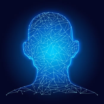 Human head made of futuristic blue polygonal lines and dots. vector