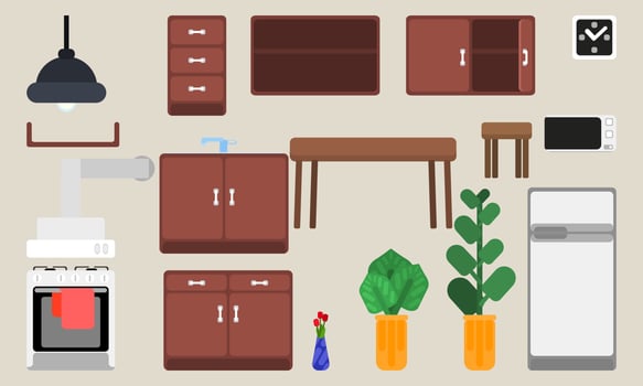 selection of kitchen furniture interior details vector