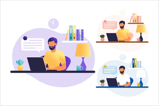 Man sitting table with laptop. Working on a computer. Freelance, online education or social media concept. Freelance or studying concept. Flat style. Vector illustration isolated on white.