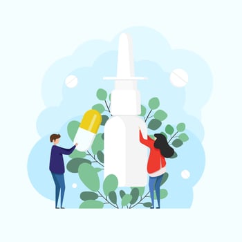 Nasal spray with eucalyptus branches. Using sprays to ease breathing during allergy and illness. concept of medicine and treatment of rhinitis and allergies. Otolaryngology concept. vector