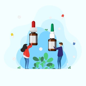 Man and woman holding nasal drops and spray to ease breathing during allergy and illness. concept Otolaryngology treatment rhinitis, allergies vector