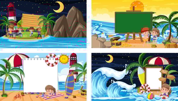 Set of blank banner in different tropical beach scenes vector