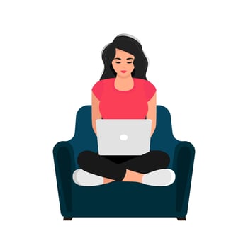 Working studying at home. Girl with laptop sitting on armchair. Concept illustration for working, studying, education, work from home, healthy lifestyle. Vector illustration