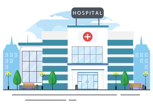 Hospital Building for Healthcare Background Vector Illustration with, Ambulance Car, Doctor, Patient, Nurses and Medical Clinic Exterior