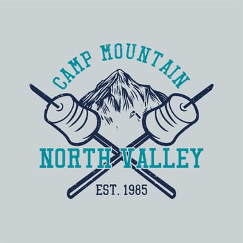 t shirt design camp mountain north valley est. 1989 with mountain and marshmallow vintage illustration vector