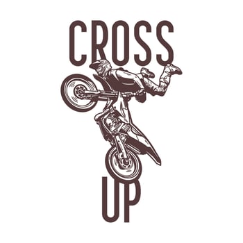 t-shirt design cross up with motocross rider doing jumping attraction vintage illustration vector