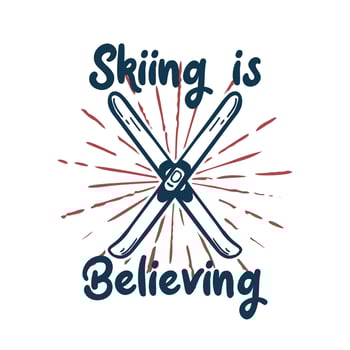 t-shirt design skiing is believing with cross sign twin snowboard vintage illustration vector