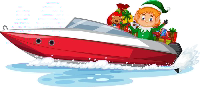 Christmas elf on speed boat with his gifts vector