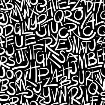 Hand drawn abstract alphabet texture background on black and white, seamless pattern, vector illustration