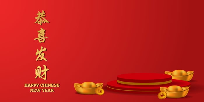 Happy chinese new year. 3d pedestal podium product display with sycee ingot gold Yuan Bao golden poster banner template vector