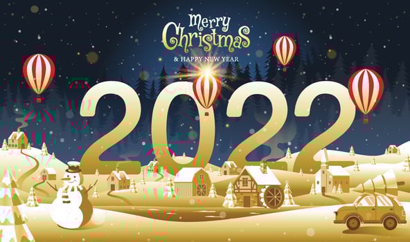 Merry Christmas, happy new year, 2022, Golden landscape fantasy, vector illustration.