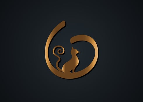 Golden cat silhouette with curly tail, feline animal gold round logo template, vector illustration isolated on a black background