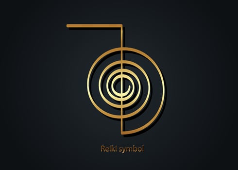 Reiki symbol infographic gold logo icon, a sacred sign. Spiritual energy. Alternative medicine. Esoteric mystical spiral, tattoo vector isolated on black background