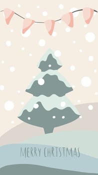 christmas greeting card cute hand drawn style and trendy matching pastel colors. christmas tree and snowman with gift box on snowdrift with garland and snow flakes vector
