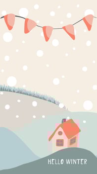christmas greeting card cute hand drawn style and trendy matching pastel colors. christmas tree and snowman with gift box on snowdrift with garland and snow flakes vector