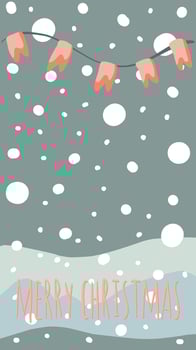 christmas greeting card cute hand drawn style and trendy matching pastel colors. christmas tree and snowman with gift box on snowdrift with garland and snow flakes vector