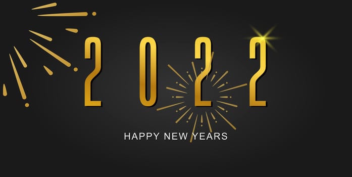 Happy new 2022 year. Elegant gold text with light. Vector holiday illustration with 2022 logo text design.
