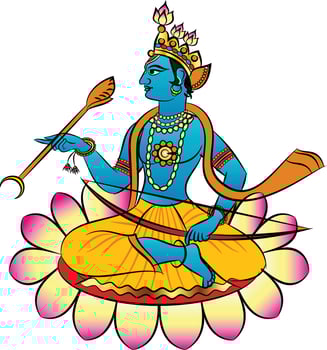 Lord Rama, the Hindu god. with a bow and arrow, and Sevikas or lady servants vector