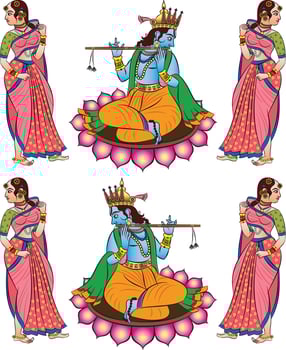 Lord Krishna and Lord Rama the Hindu gods, and their Sevika or servants playing the flute. sitting on a lotus. for textile printing, logo, wallpaper vector