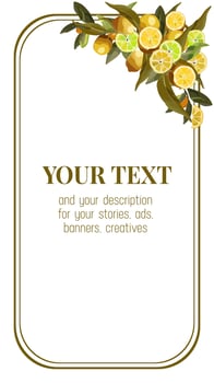 Border of lemon branches. Vector wreath for lemonade labels, summer designs, summer cafes, summer menus, banner ad, stories