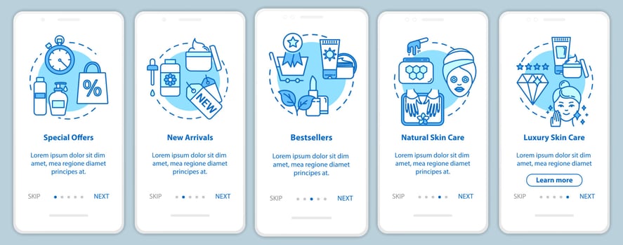 Skicare onboarding mobile app page screen with concepts. Bestsellers and special offers. Cosmetic products walkthrough 5 steps graphic instructions. UI vector template with RGB color illustrations